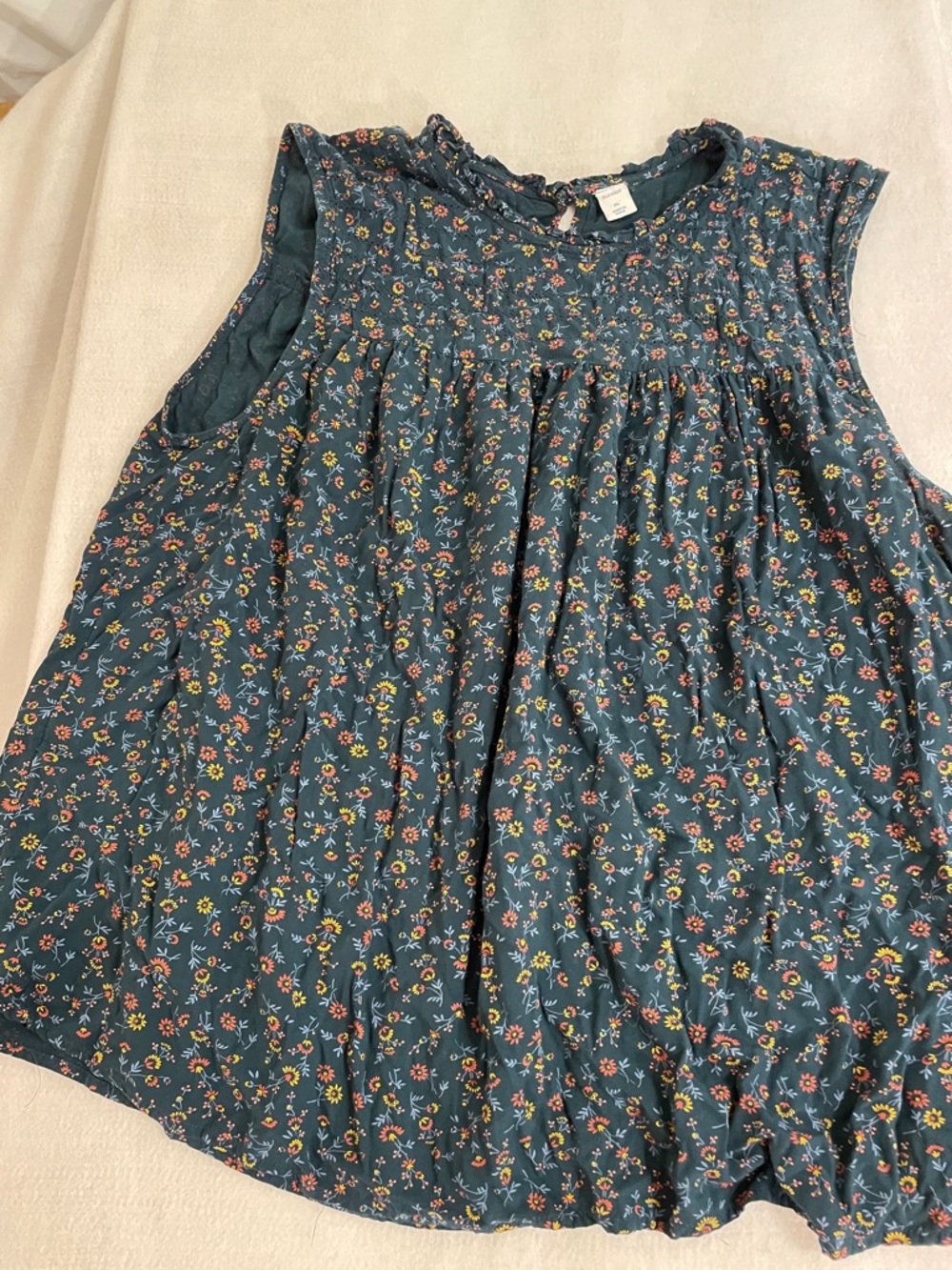 Old Navy Dark Teal Floral Ruffled Neck Tank